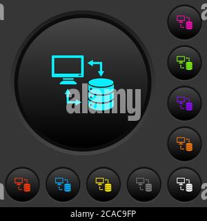 Syncronize data with database dark push buttons with vivid color icons on dark grey background Stock Vector