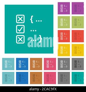 Source code checking multi colored flat icons on plain square backgrounds. Included white and darker icon variations for hover or active effects. Stock Vector