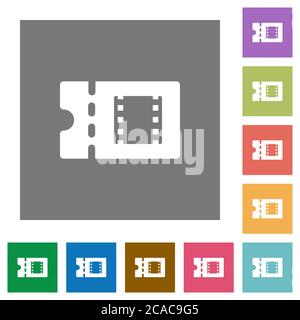 Movie discount coupon flat icons on simple color square backgrounds Stock Vector