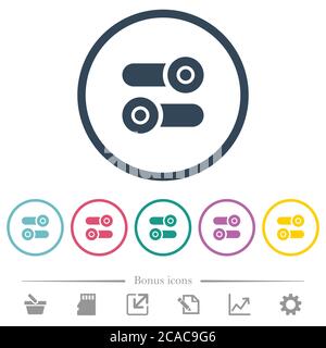 Toggle switches flat color icons in round outlines. 6 bonus icons included. Stock Vector