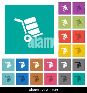 Hand truck with boxes multi colored flat icons on plain square backgrounds. Included white and darker icon variations for hover or active effects. Stock Vector