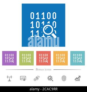 Code analysis flat white icons in square backgrounds. 6 bonus icons included. Stock Vector