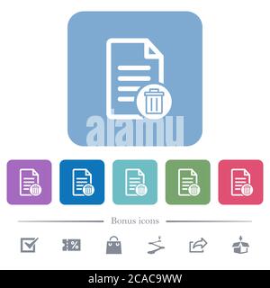 Delete document white flat icons on color rounded square backgrounds. 6 bonus icons included Stock Vector