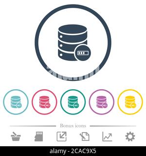Database processing flat color icons in round outlines. 6 bonus icons included. Stock Vector