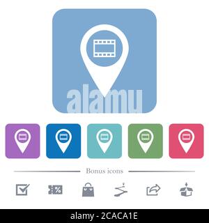 Cinema GPS map location white flat icons on color rounded square backgrounds. 6 bonus icons included Stock Vector
