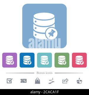 Pin database white flat icons on color rounded square backgrounds. 6 bonus icons included Stock Vector