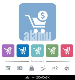 Checkout with Dollar cart white flat icons on color rounded square backgrounds. 6 bonus icons included Stock Vector