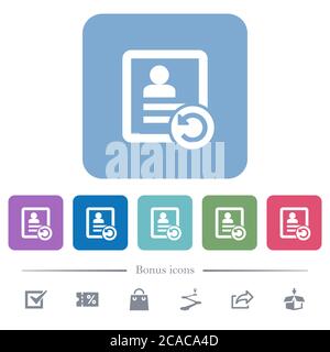 Undo contact changes white flat icons on color rounded square backgrounds. 6 bonus icons included Stock Vector