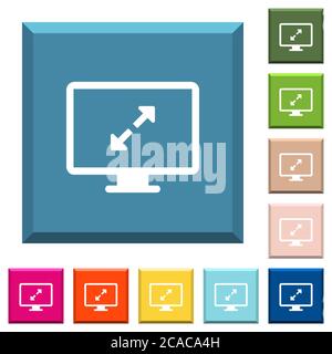Adjust screen resolution white icons on edged square buttons in various trendy colors Stock Vector