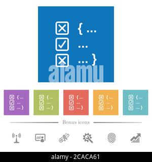 Source code checking flat white icons in square backgrounds. 6 bonus icons included. Stock Vector