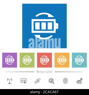 Rechargeable battery flat white icons in square backgrounds. 6 bonus icons included. Stock Vector