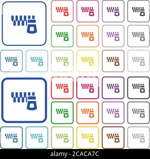 Horizontal zipper color flat icons in rounded square frames. Thin and thick versions included. Stock Vector