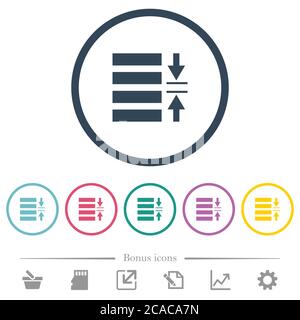 Adjust line spacing flat color icons in round outlines. 6 bonus icons included. Stock Vector