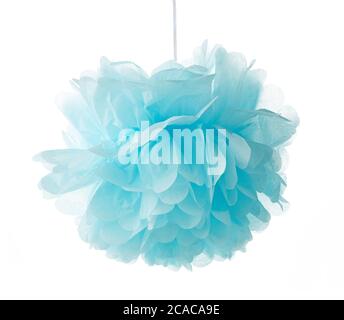 blue tissue pompom decor isolated on white background Stock Photo