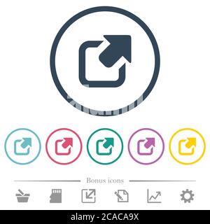 Export symbol with upper right arrow flat color icons in round outlines. 6 bonus icons included. Stock Vector