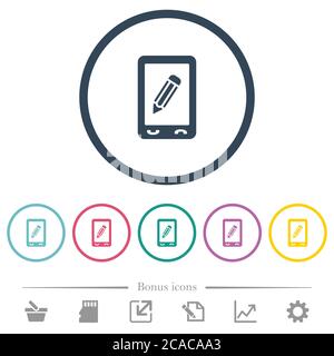 Mobile memo flat color icons in round outlines. 6 bonus icons included. Stock Vector
