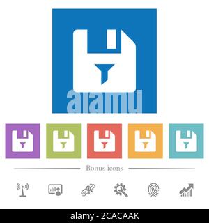 Filter file flat white icons in square backgrounds. 6 bonus icons included. Stock Vector