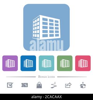 Office block white flat icons on color rounded square backgrounds. 6 bonus icons included Stock Vector