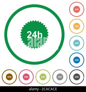 24h sticker flat color icons in round outlines on white background Stock Vector
