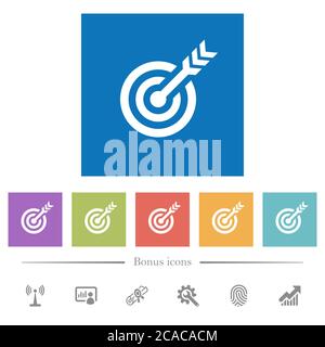 Target table with arrow flat white icons in square backgrounds. 6 bonus icons included. Stock Vector
