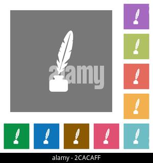 Feather in ink bottle flat icons on simple color square backgrounds Stock Vector