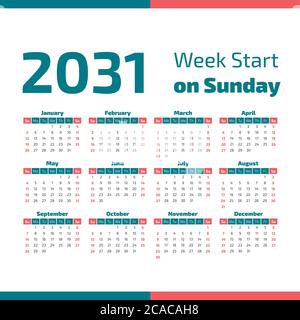 2031 Calendar with the weeks start on Sunday Stock Vector