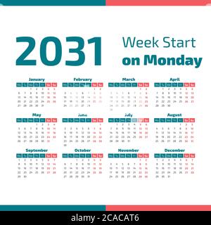 2031 Calendar with the weeks start on Monday Stock Vector