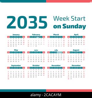 2035 Calendar template with weeks start on Monday Stock Vector Image ...
