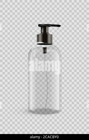 Vector 3D realistic blank transparent plastic bottle for Liquid soap or sanitizer Stock Vector