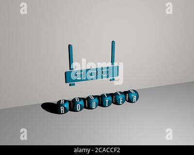 3D illustration of router graphics and text made by metallic dice letters for the related meanings of the concept and presentations. internet and connection Stock Photo