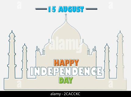Happy Independence Day India, 15 August, Taj Mahal sketch greeting poster, flat illustration, vector Stock Vector