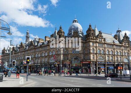 Exterior view of the ornate frontage and entrance of Leeds Market Hall Stock Photo