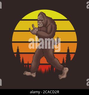 Bigfoot rocker retro sunset vector illustration for your company or brand Stock Vector