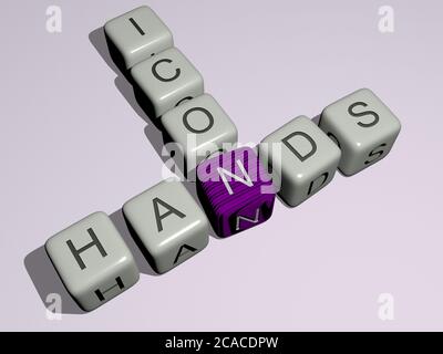 hands icon combined by dice letters and color crossing for the related meanings of the concept. background and holding. 3D illustration Stock Photo