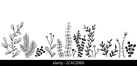 Vector floral border with doodle forest and meadow plants. Hand drawn abstract background for frames, posters, textile Stock Vector