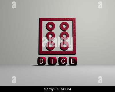 3D graphical image of DICE vertically along with text built by metallic cubic letters from the top perspective, excellent for the concept presentation and slideshows. illustration and background Stock Photo