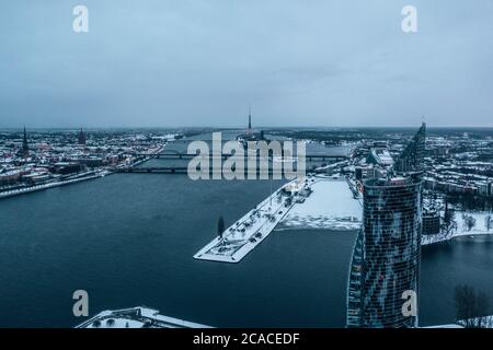Aerial shot of the beautiful city of Riga during wintertime in Latvia Stock Photo