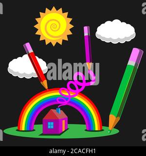 pencil illustrations house rainbow sun clouds on a black isolated background. Vector image Stock Vector