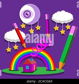 illustration of a rainbow moon house smoke pencils stars on an isolated purple background. Vector image Stock Vector