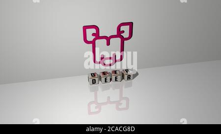 3D graphical image of deer vertically along with text built by metallic cubic letters from the top perspective, excellent for the concept presentation and slideshows. illustration and animal Stock Photo