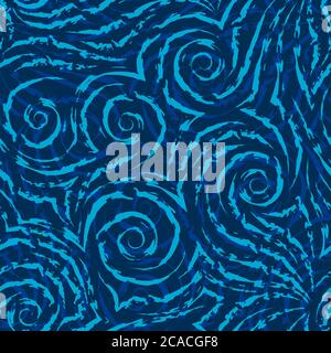 Vector seamless pattern of turquoise spirals of lines and corners on a blue background.Texture of flowing shapes and lines with torn edges.Background Stock Vector