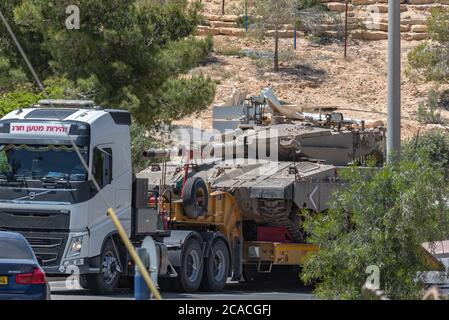 Israel Defence Force (IDF) is transporting a Mekavah Tank on a Tank carriers. Photographed in Israel Stock Photo