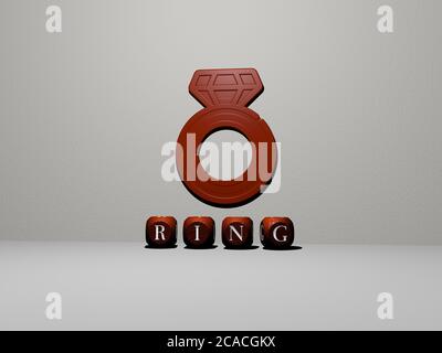 3D graphical image of ring vertically along with text built by metallic cubic letters from the top perspective, excellent for the concept presentation and slideshows. background and illustration Stock Photo