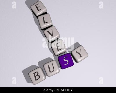crosswords of christmas: busy elves arranged by cubic letters on a mirror floor, concept meaning and presentation. business and businessman. 3D illustration Stock Photo