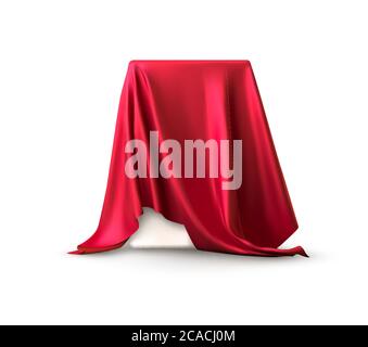 Realistic box covered with red silk cloth. Isolated on white background. Satin fabric wave texture material. Textile design, fabric. Vector Stock Vector