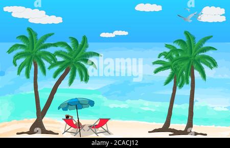 image vector the sea with people sitting on the canvas dancing on the shore and coconut trees vector illustration Stock Vector