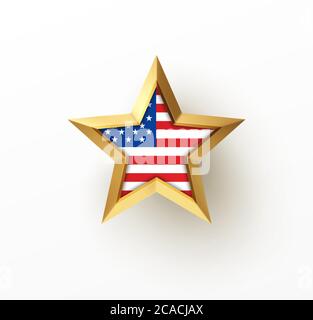 Golden realistic 3d star with American flag isolated on white background. Design element for patriotic American posters, cards. Vector illustration Stock Vector