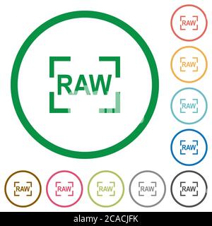 Camera raw image mode flat color icons in round outlines on white background Stock Vector