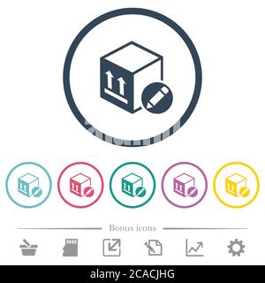 Package edit flat color icons in round outlines. 6 bonus icons included. Stock Vector