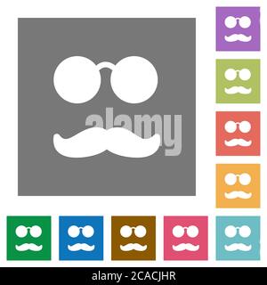 Glasses and mustache flat icons on simple color square backgrounds Stock Vector